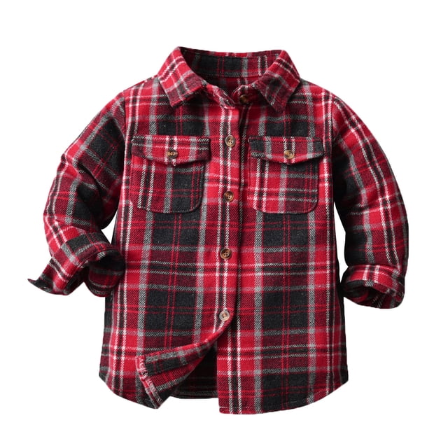 Gibobby Playera De Algodón Niños pequeños franela polar camisa chaqueta a cuadros manga larga solapa botón abajo bebé niños niñas otoño camisa abrigo prendas de vestir(Rojo, 4-5 Años)