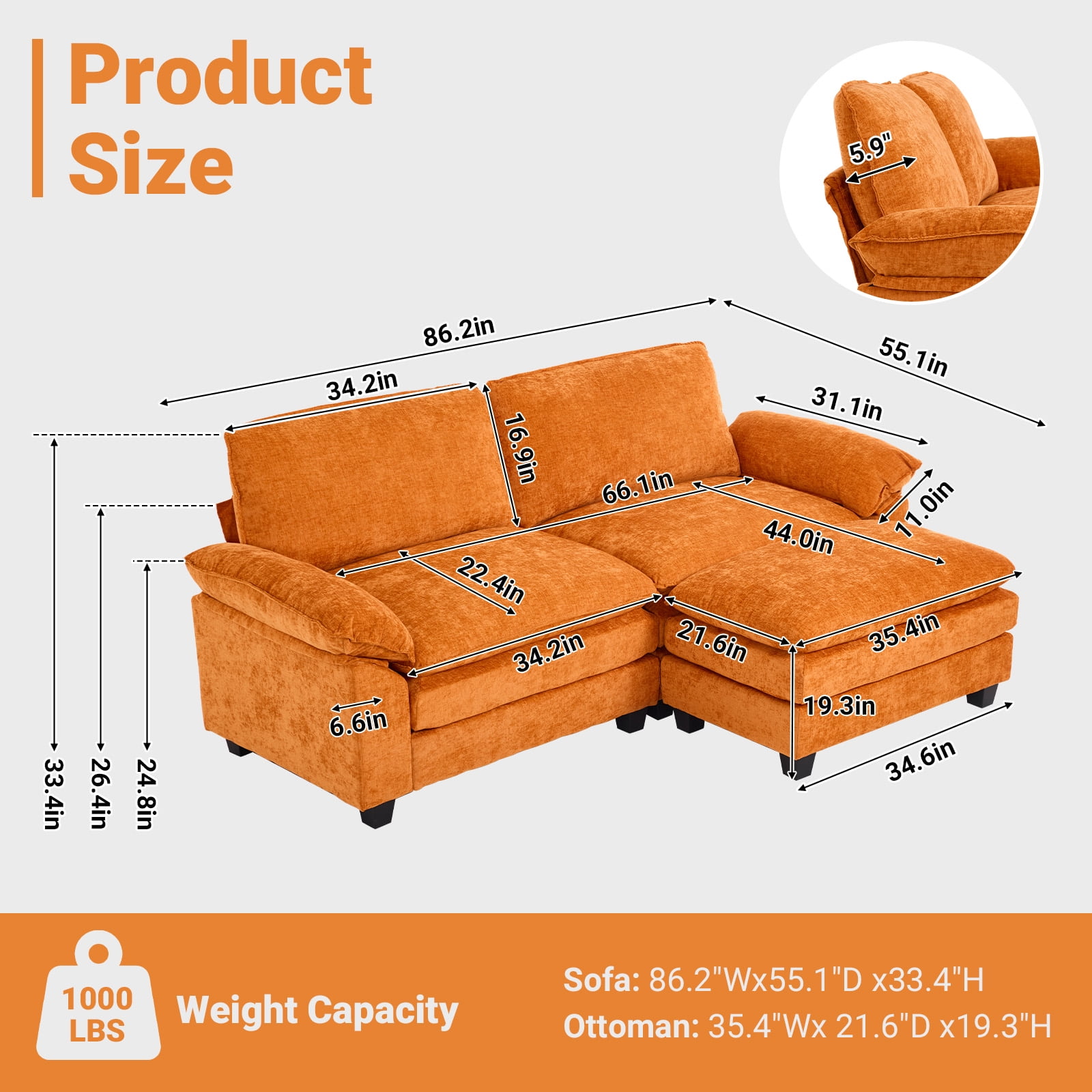【Orange】LILLE SOFA 2P J&E Home 82.66 in. Orange Linen 2-Seater Modular Free