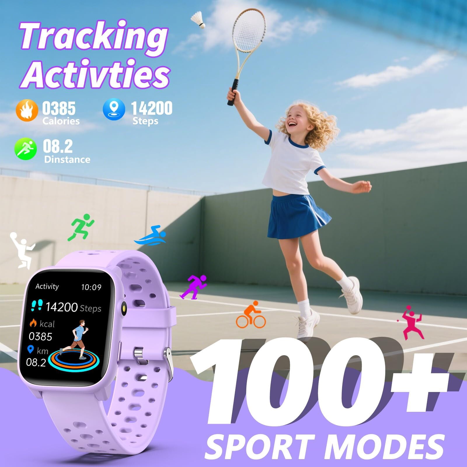 Kids Smart Watch 1.85" Upgrade - Fitness Tracker with Heart Rate Sleep Monitor Pedometer, 100+ Sports Modes, 12 Puzzle Games, Activity Tracker for Boys Girls Teens Aged 6-15 Outdoor Fun (Purple)
