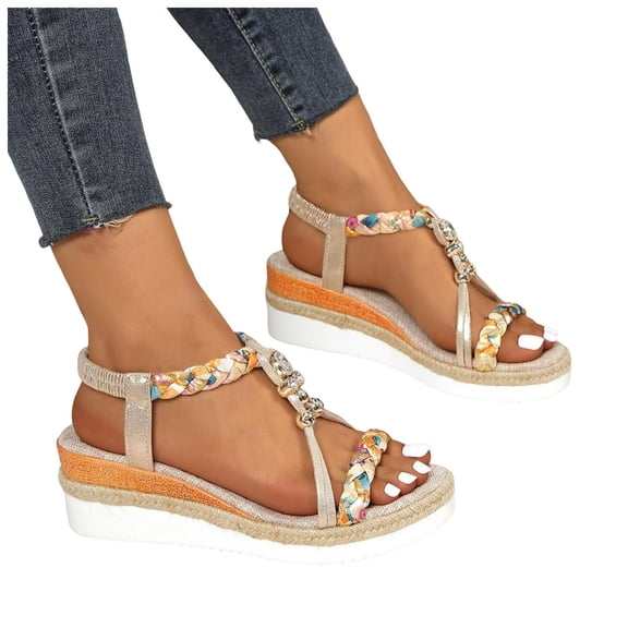 Womens Espadrilles Floral Print Braided T-Strap Wedge Sandals Casual Summer Beach Shoes Open Toe Low Wedges Gold Size 7.5