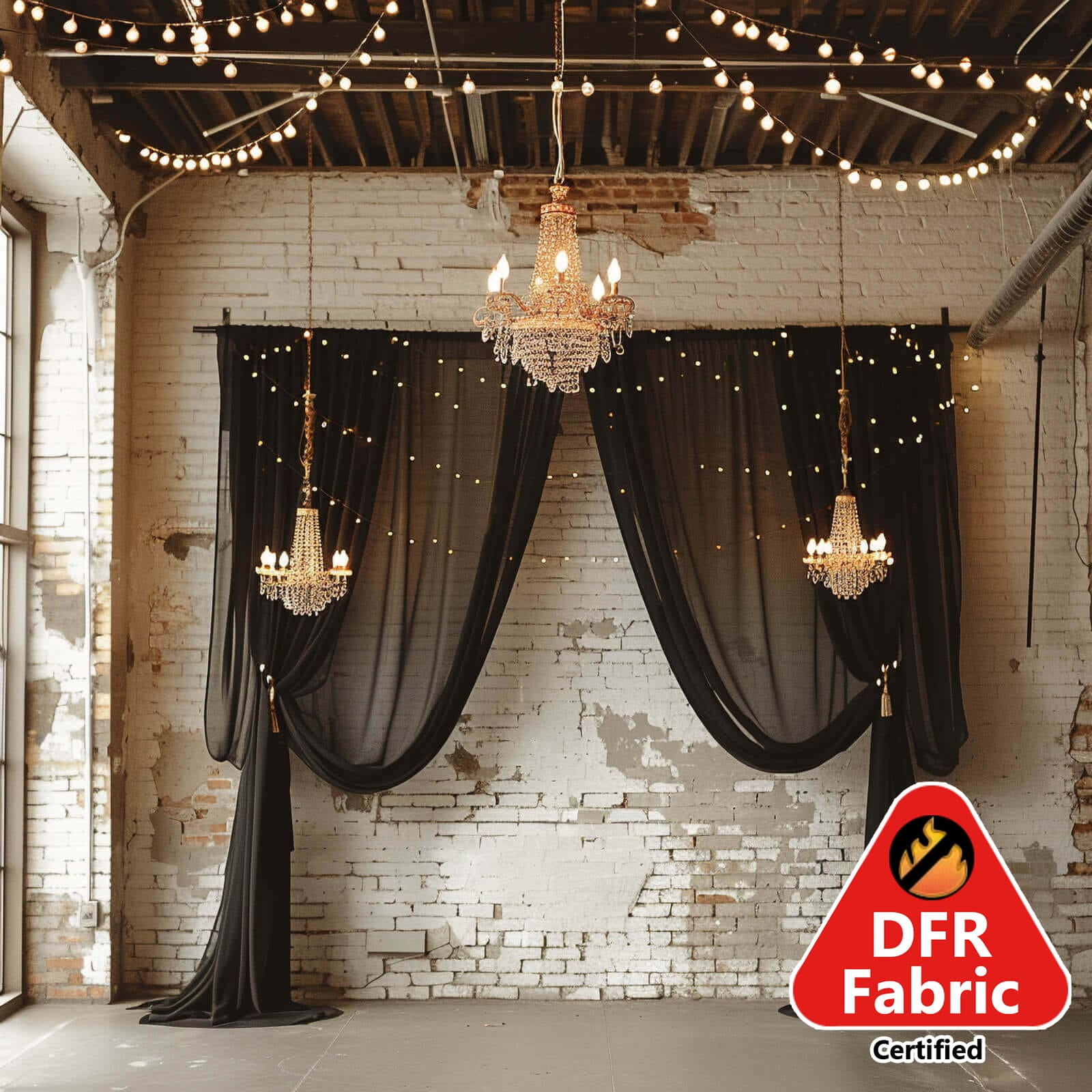 Efavormart 5ftx32ft Premium Black Chiffon Curtain Panel, Backdrop Ceiling Drapery With Rod Pocket