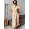 thumbnail image 6 of Women's Button Down Belted Cotton Linen Maxi Dresses Sleeveless Long Pockets Shirt Dress Khaki S, 6 of 9