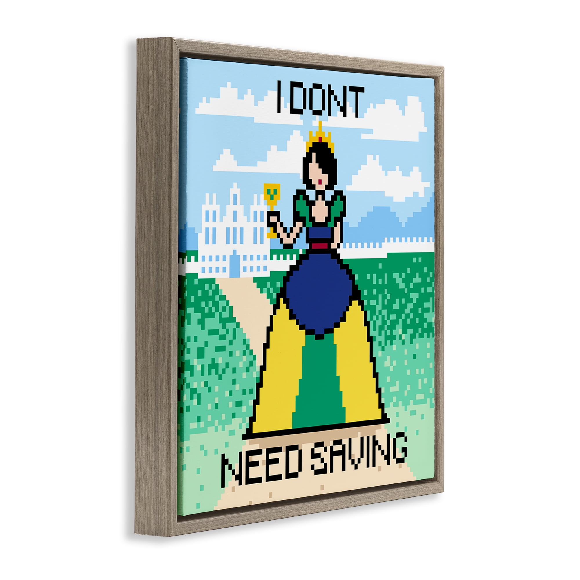Stupell Industries Don't Need Saving Pixel Princess People Painting Brown Floater Framed Canvas Art Print Wall Art, 25 x 25