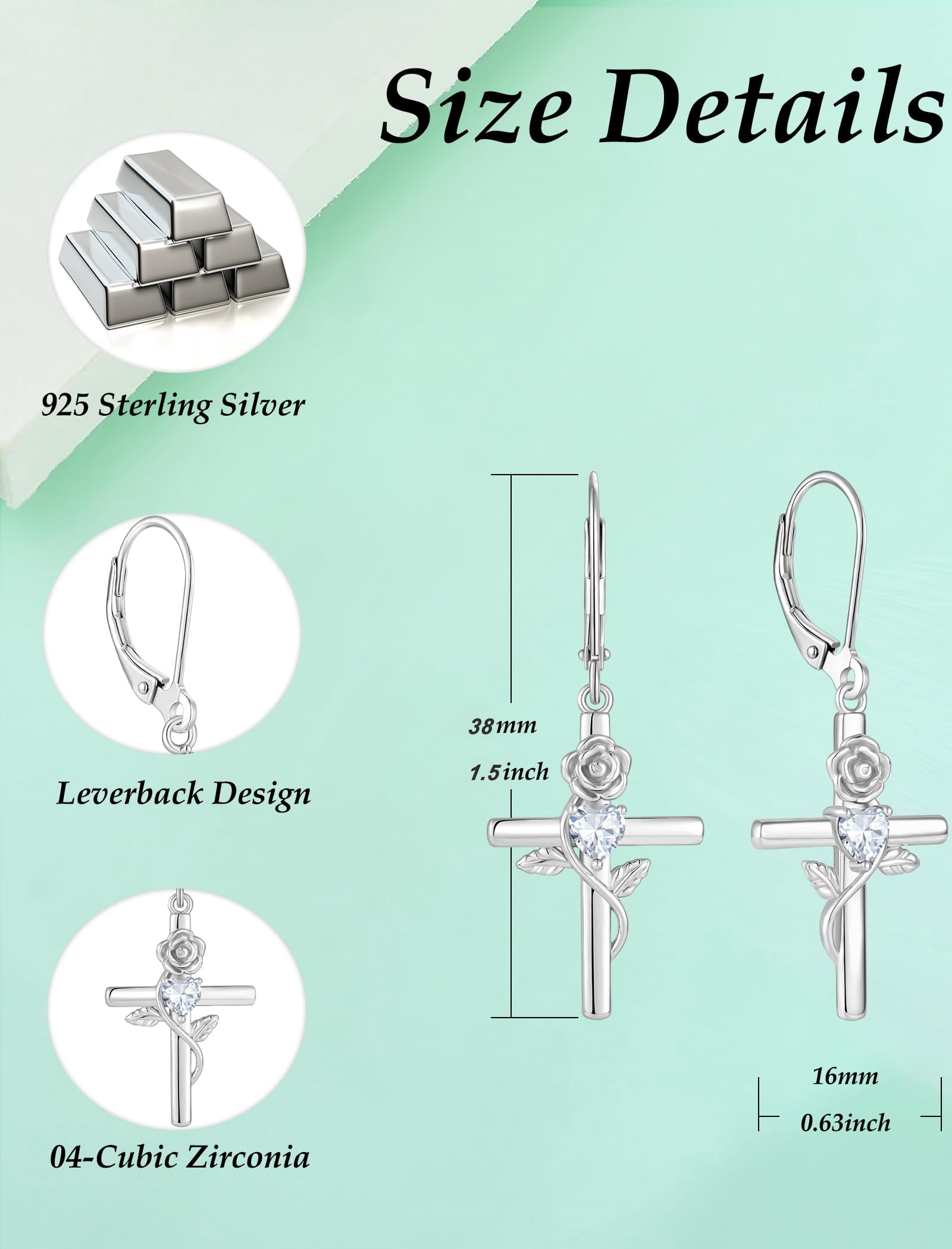 VESITIM Cross Earrings for Women Rose Flower Earring 925 Sterling Silver Dangle Drop Religious Jewelry Gift with Heart Cubic Zirconia Birthstones