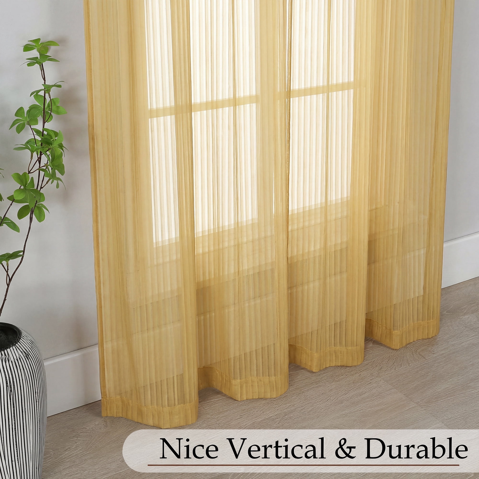OVZME 63 Inch Vertical Striped Gold Sheer Curtains 2 Panels - Light Filtering Textured Rod Pocket Drapes for Living Room Bedroom, 52"W x 63"L Each, Gold