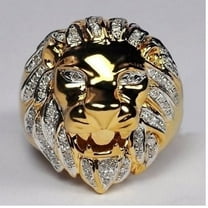 Lion Head Ring Metal Animal Ring with Alloy Inlaid Gems European Design Statement Ring Hand Jewelry for Men and Women Gold