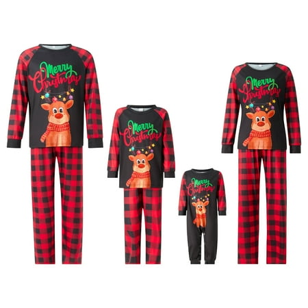 

Dewadbow Family Matching Christmas Pajamas Set Outfits Long Sleeve Elk Printed Tops Plaid Pants Sleepwear
