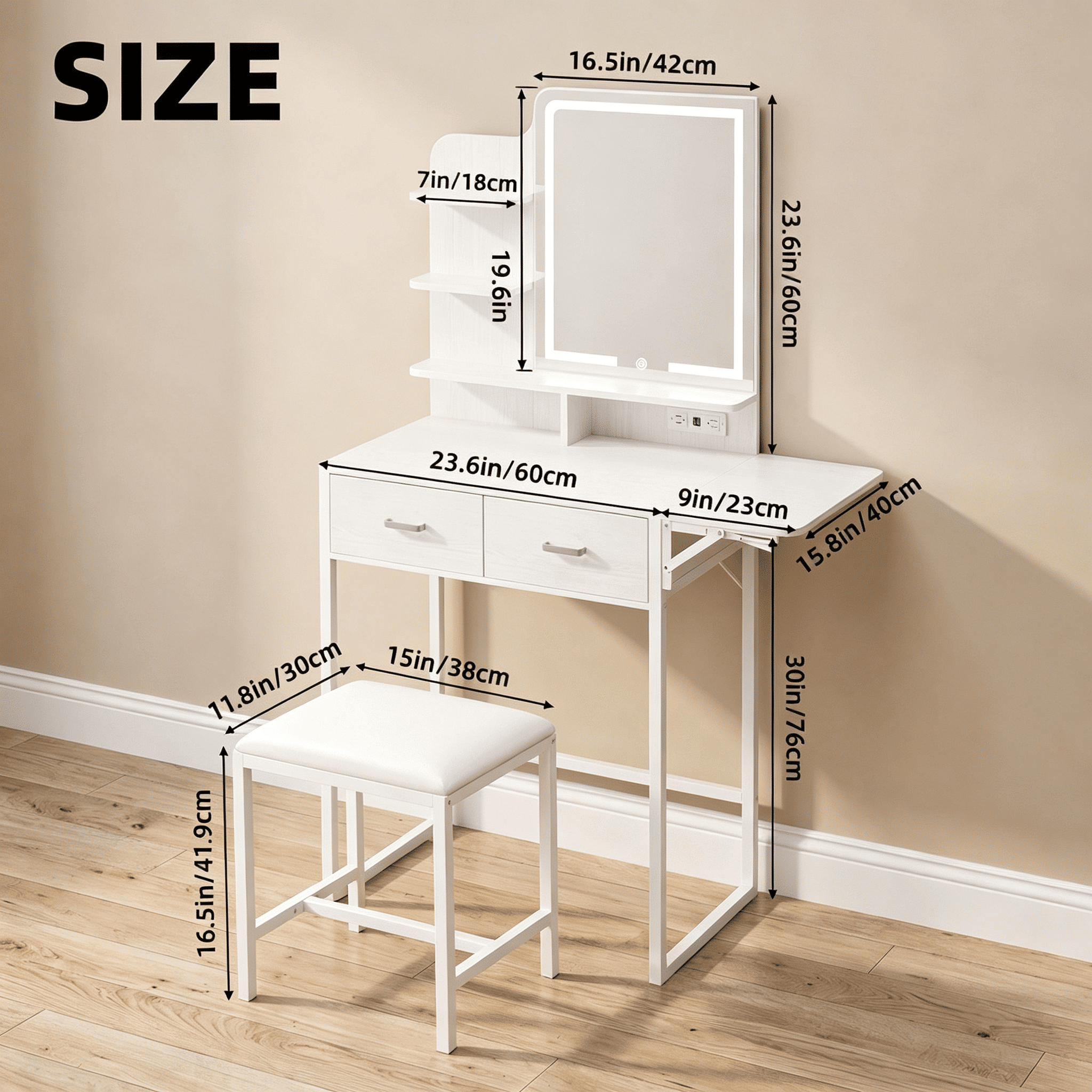Vanity Desk with LED Lighted Mirror, Foldable Makeup Table Set with 2 Drawers, Cushioned Stool, Built-in Power Outlet and USB Ports, Open Storage Shelves, 32.6 in Extended Width