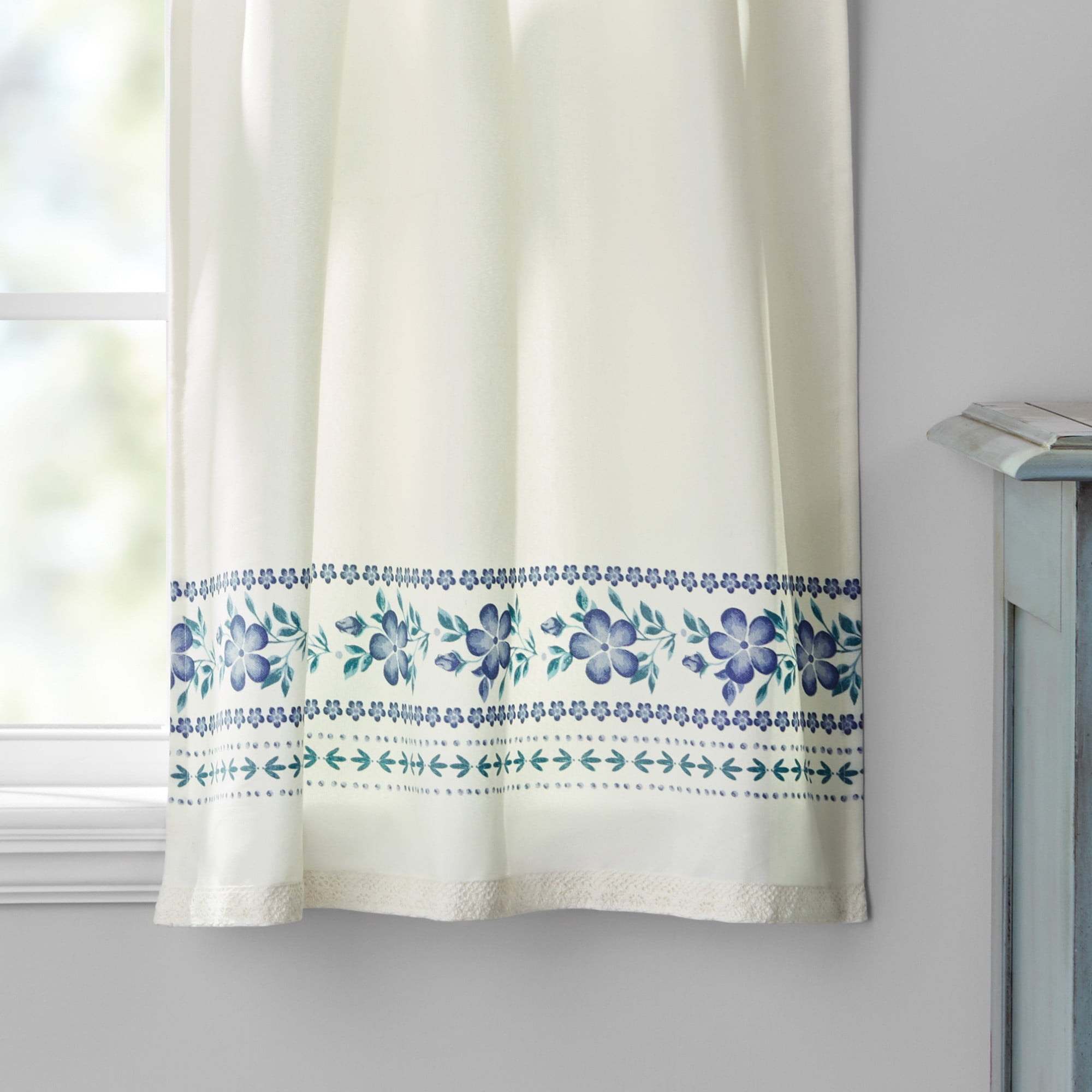 The Pioneer Woman Hattie Border 3-Piece Tier Curtain Set, Teal/Blue-Green, 60 in x 14 in