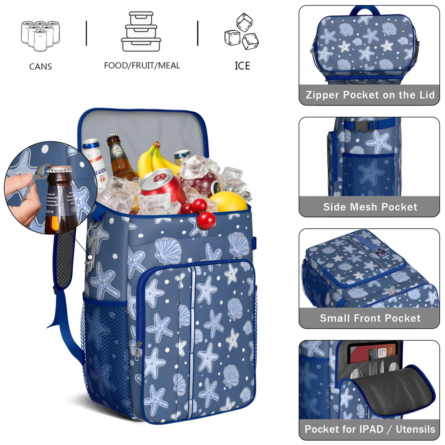 Starfish Cooler Backpack Insulated Waterproof Leak Proof Beach Cooler Bag Lightweight Lunch Picnic Camping Backpack Cooler for Office Workers Outdoor Enthusiasts