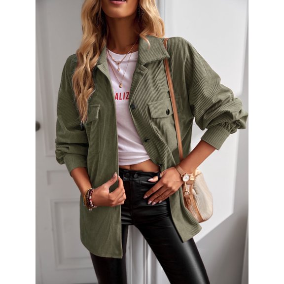 YNIQUE Womens Fashion Cropped Shackets Corduroy Button Down Crop Jackets Tops Long Sleeve Shirts