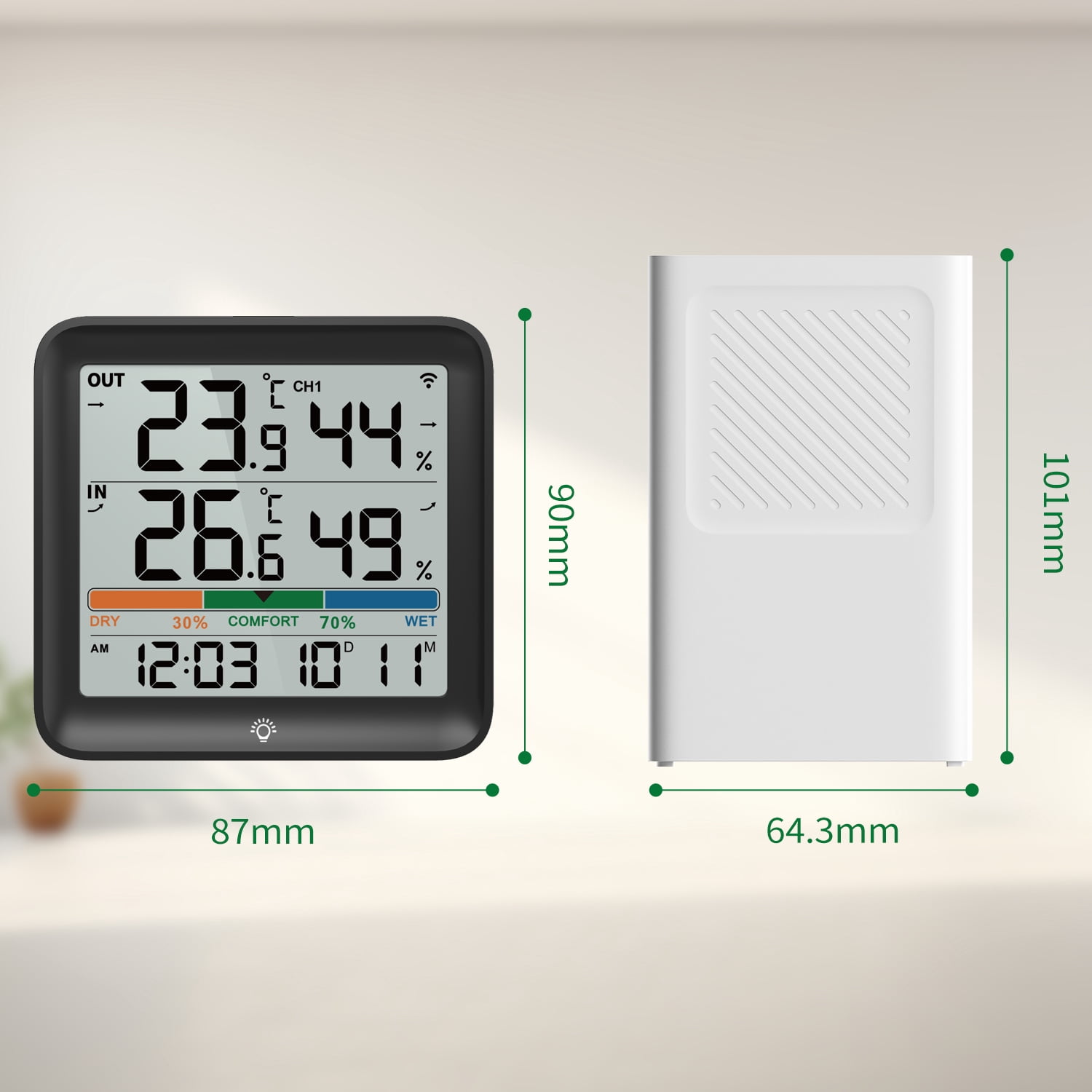 VOCOO Indoor Outdoor Thermometer, Wireless Weather Station Hygrometer with Outdoor Sensor with Clock, Digital Room Thermometer with Backlight Weather Station(Black)
