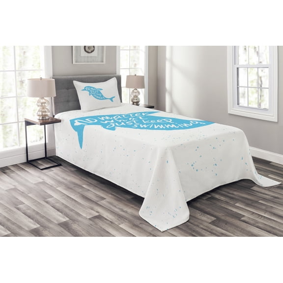 Ambesonne Dolphin Quilted Bedspread Set 2 Pcs, Hand Drawn Sea Mammal, Twin Size, Sky Blue White