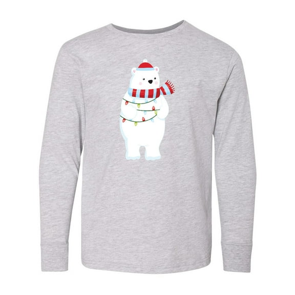 Inktastic Christmas Bear, Polar Bear, Hat, Christmas Lights Long Sleeve Youth T-Shirt