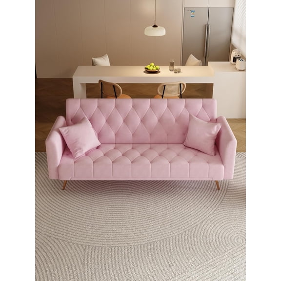 Newest 71 Inch Convertible Love Seat Sofa, American Retro Pink Velvet, Suitable For Small Living Room, Bedroom, Office