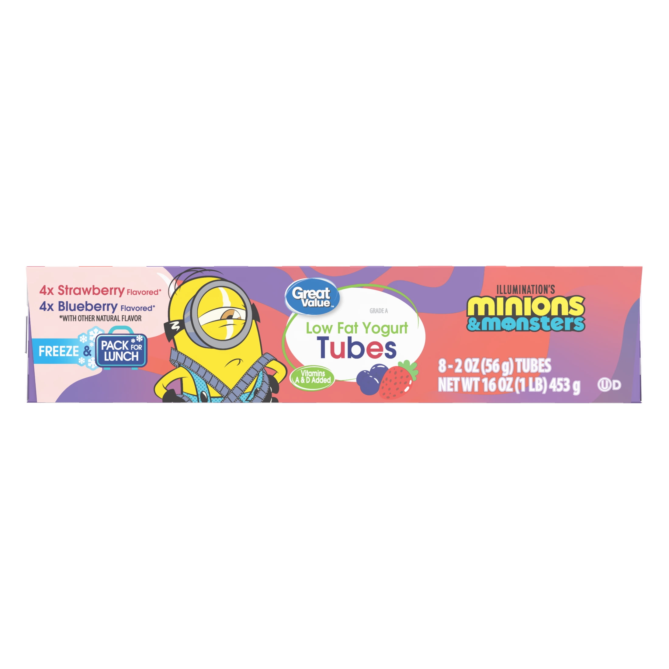Great Value Kids Low-fat Strawberry & Blueberry Yogurt, 2 oz Yogurt Tubes, Variety Pack, 8 Count