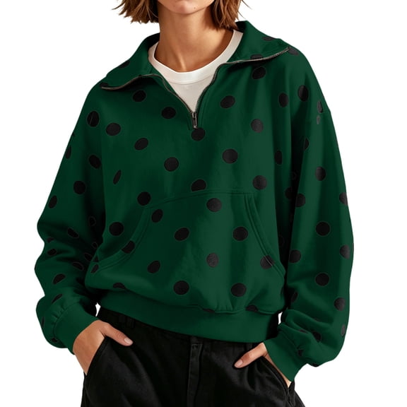 Erwazi Womens Sweatshirt Polka Dot Half Zip Collared Hooded Fleece Cropped Oversized Pullover Daily Casual Tops with Pocket