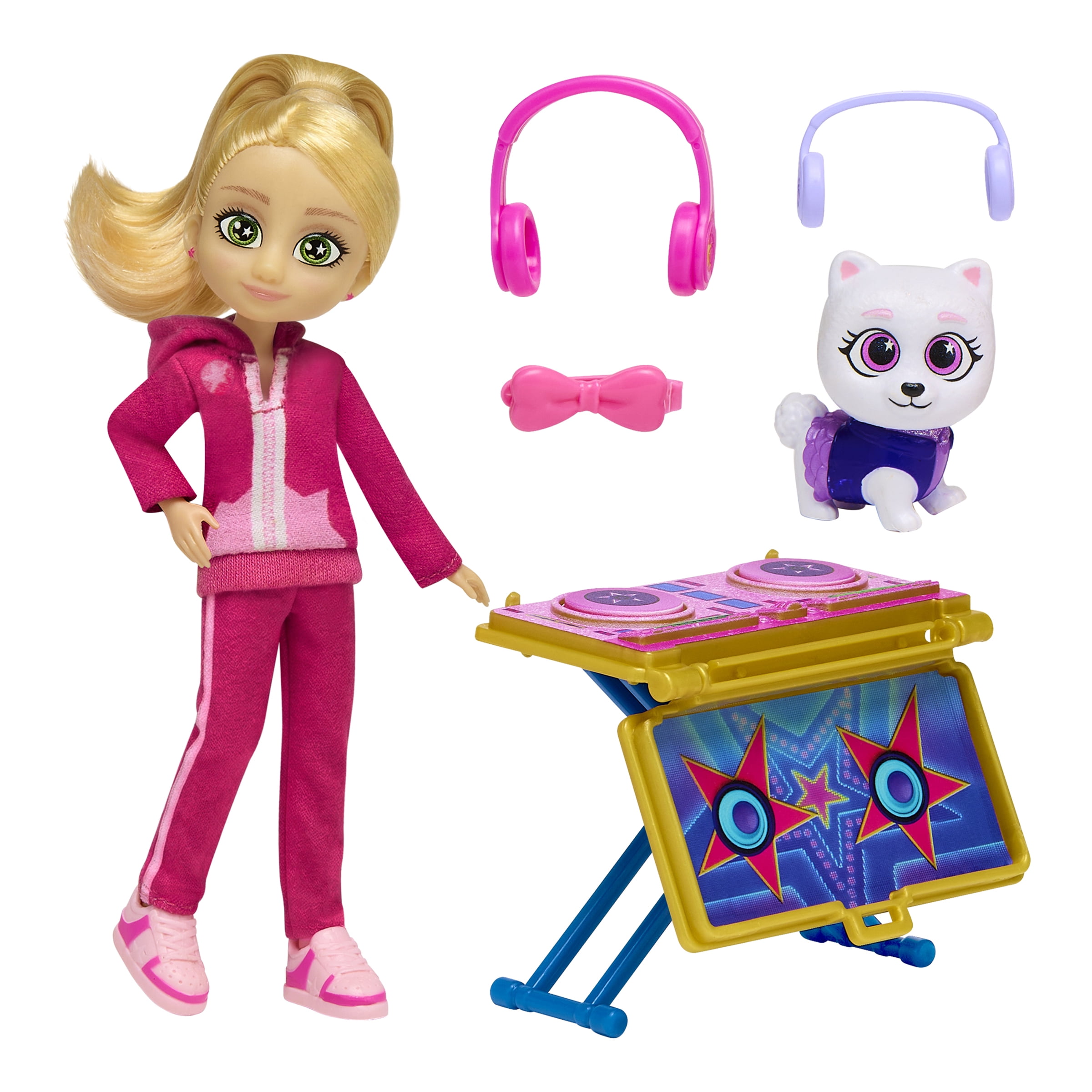 Paris & Pups Paris Star DJ Doll & Bijou Puppy Playset, 5-Inch Fashion Doll with DJ Accessories, Spinning DJ Deck, Collectible Charm & Trading Card, Kids Ages 4+ by Playmates Toys