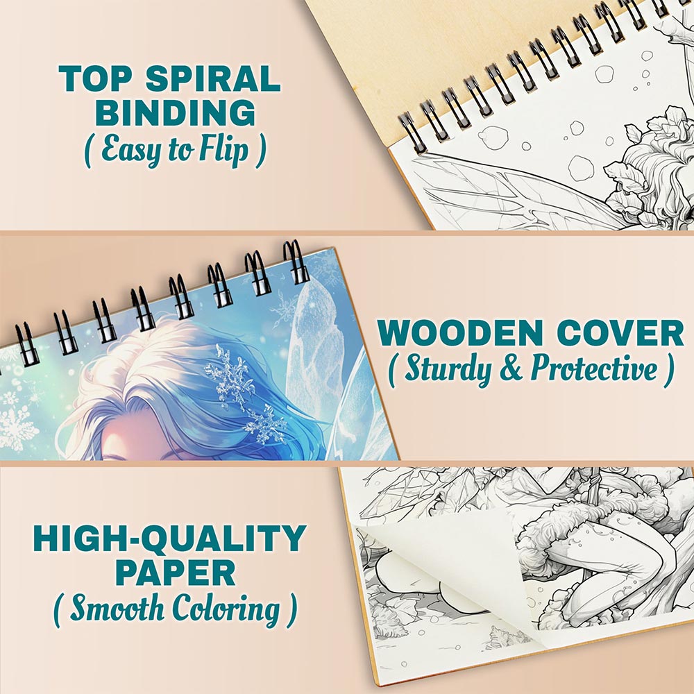 Netecom Winter Fairy Coloring Book for Adults, A5 Wooden Cover, 30 Stunning Portraits Coloring Pages of Beautiful Winter Fairies for Stress Relief and Relaxation, Spiral Bound Edition