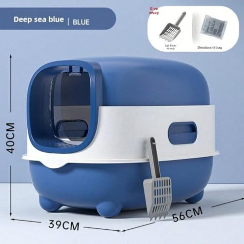 Enclosed Cats Litter Box with Lid and Scoop, Front Entry and Exit Large Size Anti-Splashing, Blue