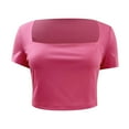 thumbnail image 3 of DuoJiaJ Womens Summer Square Neck Tops Short Sleeve Shirts Slim Fit Crop Top Pink M, 3 of 4