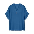 thumbnail image 4 of hlysgo Women's Cotton Blend Tops Notched V Neck Blouse Double Layer Frayed Raw Edge Sleeve Boho Beach Vacation Shirts Blue,S, 4 of 6