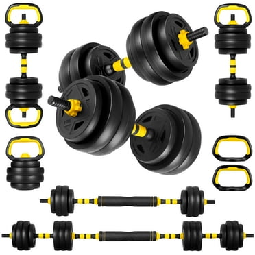 FIXTECH 66 Lbs Adjustable Weight Dumbbell Barbell Set, 4-In-1 Free Weight Combination with Curved Bar Connector for Women Men Workout Fitness, Yellow