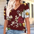 thumbnail image 6 of JTZGDY Puff Sleeve Tops for Women Cute Summer Floral Printed Short Sleeves Graphic T-Shirts Fashion V Neck Trendy Oversized Baggy Tunic Blouses A-Wine#01 M, 6 of 7