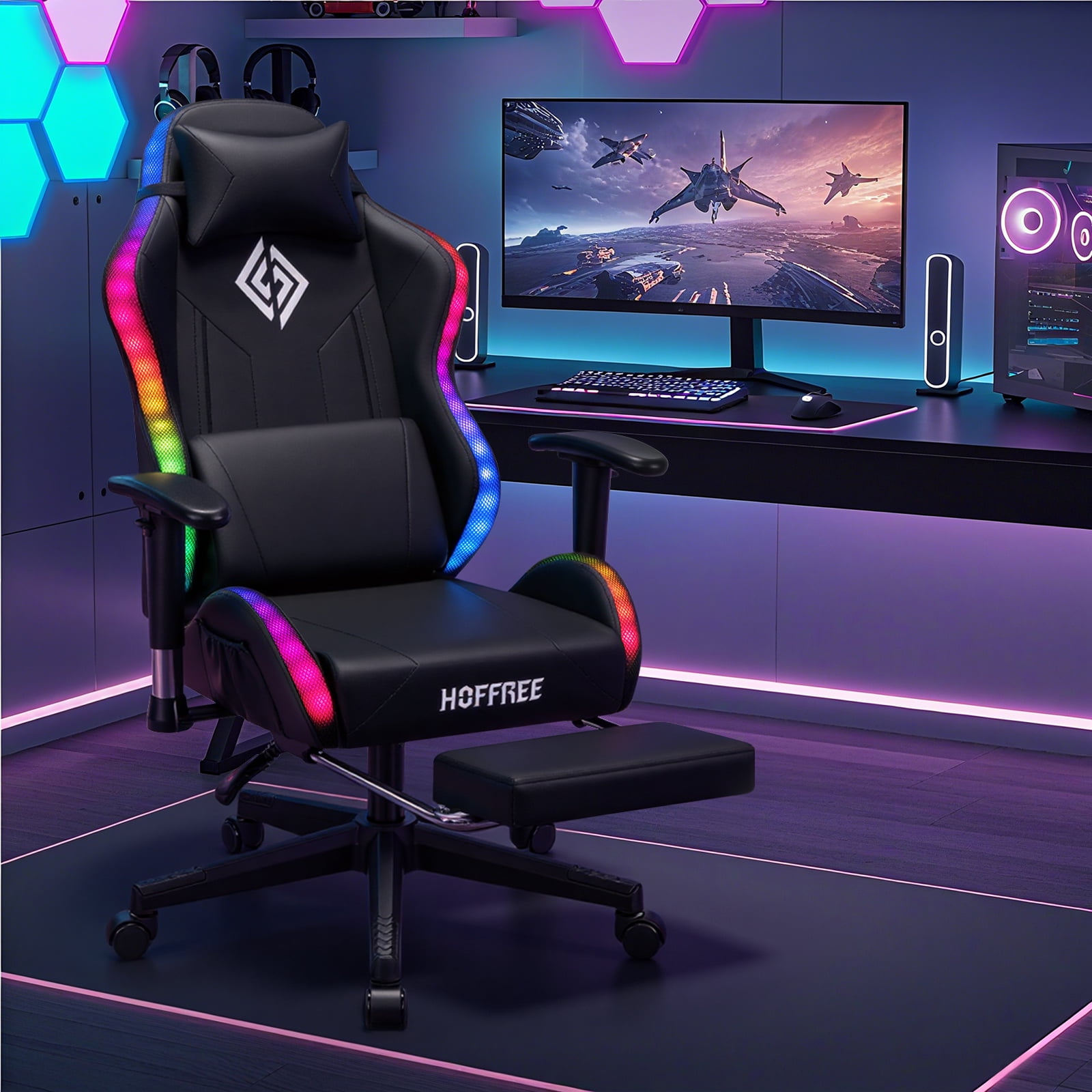 Hoffree LED Gaming Chair for Kids 8-14 Gaming Chairs for Teens with Adjustable Headrest and Lumbar Support Ergonomic PU Leather Kids Gaming Chair with Led Lights