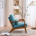 thumbnail image 3 of Upholstered Accent Armchair for Living Room, Modern Linen Indoor Single Leisure Lounge Chair with Oak Armrest & Lumbar Pillow, Wooden Reading TV Arm Chair for Home Apartment Office, Teal, 3 of 7
