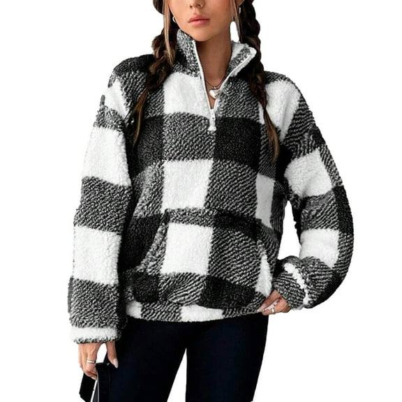 Under 10 dollars! Womens Fuzzy Fleece Plaid Pullover Quarter Zip Long Sleeve Fluffy Sweatshirts Loose Casual Cozy Warm Coat with Pocket