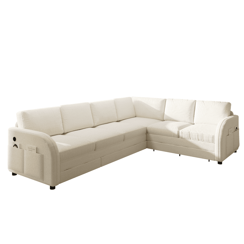 L-Shaped Sectional Sofa with Pull Out Bed, 115.2'' Convertible Sleeper Sofa with Reversible Chaise, USB Charging Ports & Side Pockets, Oversized 6-Seat Sofa Couch for Living Room