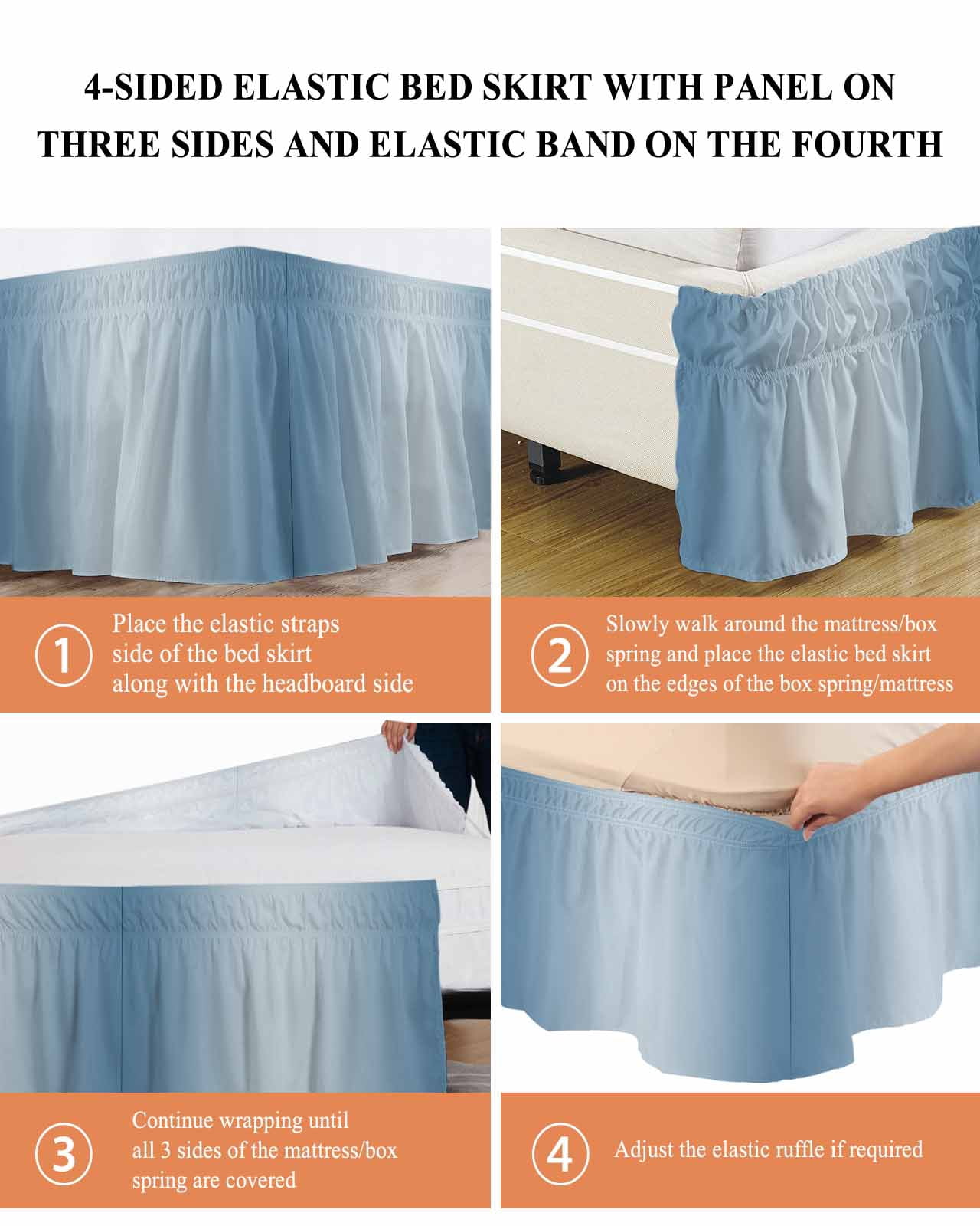 Blue Ombre Bed Skirt Cal King Size, Modern Gradient Abstract Art Wrap Around Bed Skirting with Adjustable Elastic Strap, Dust Ruffled Pleated Bedskirts 18 Inch Drop for Bedroom Cal King Beds