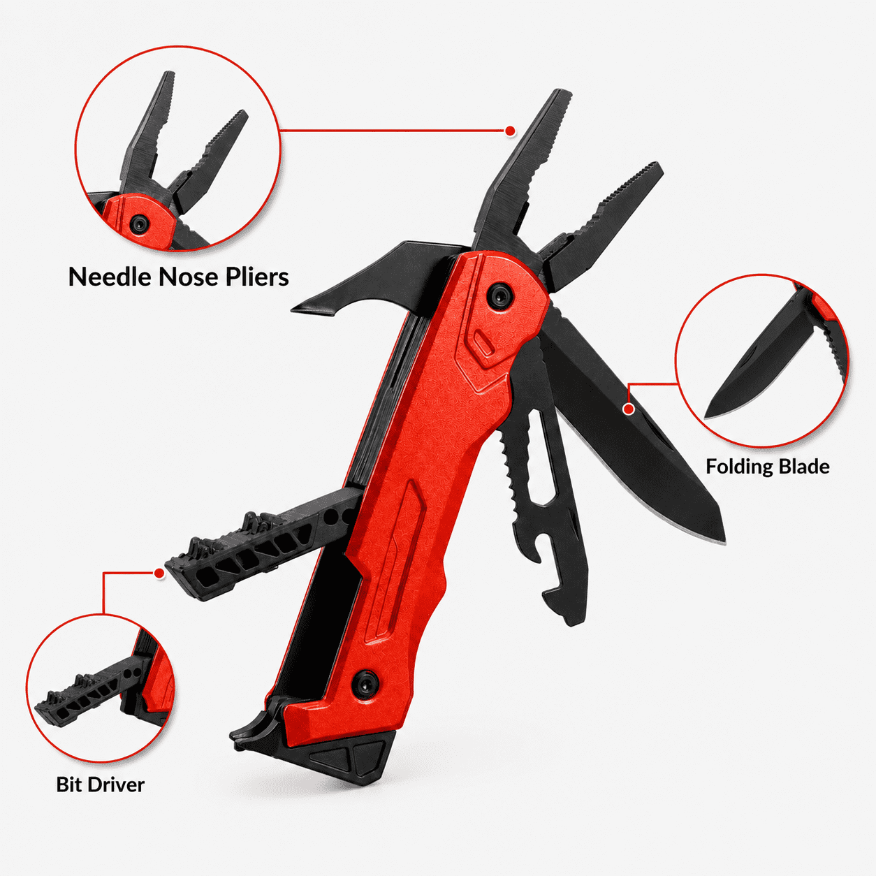 Multitool Pliers, Heavy Duty Stainless Steel Foldable Pocket Tool for Camping, Hiking and Outdoor Survival, Compact Precision Gear with Portable Sheath, Crimson Luxe Red