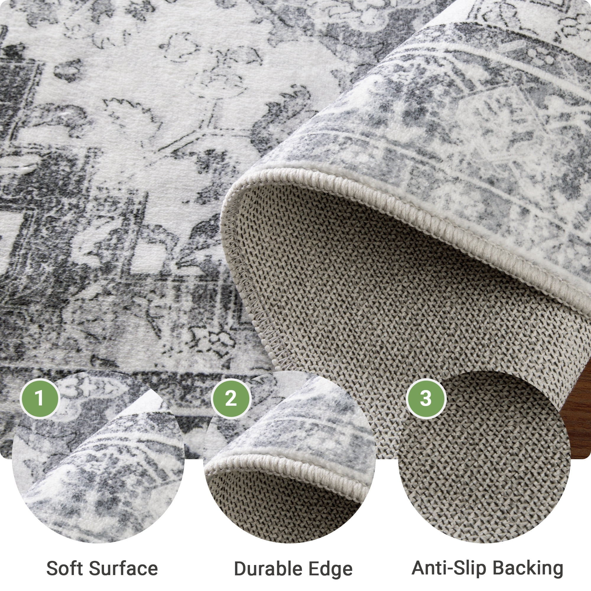 NewBuros 5'x7' Area Rugs, Machine Washable Non Slip Rugs for Living Room, Low Pile Water Repellent Soft Vintage Print Pattern Bedroom Carpet, Black & Gray