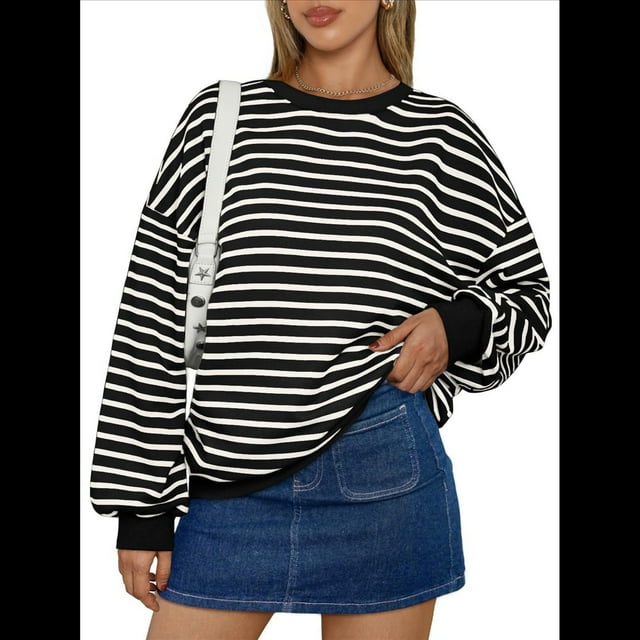 Sudadera de Cuello Redondo A Rayas de Gran Tamaño para Mujer, Jersey de Larga con Bloques de Color, Camiseta Informal Holgada para Hacer Ejercicio, Color Negro, Talla S