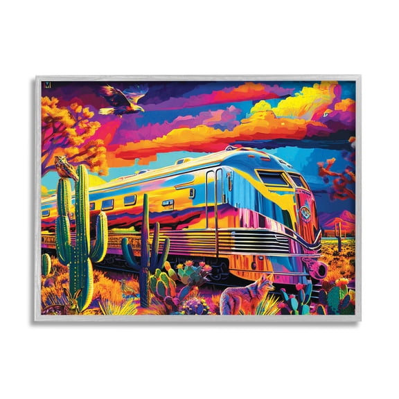 Stupell Industries Vivid Desert Train Scene Transportation Painting Gray Framed Art Print Wall Art, 30 x 24