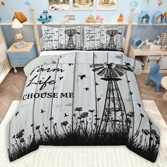 jejeloiu Retro Windmill Twin Comforter Sets,Rustic Farmhouse Cabin Bedding Set For Boys Girls Reversible 2-Piece
