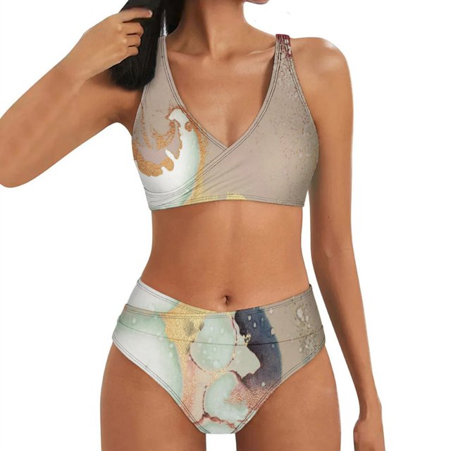 Gibobby Trajes de Baño para Mujer Traje de baño de bikini sexy con correa de reffle con estampado informal para mujer Traje de baño de dos piezas(Caqui,XL)