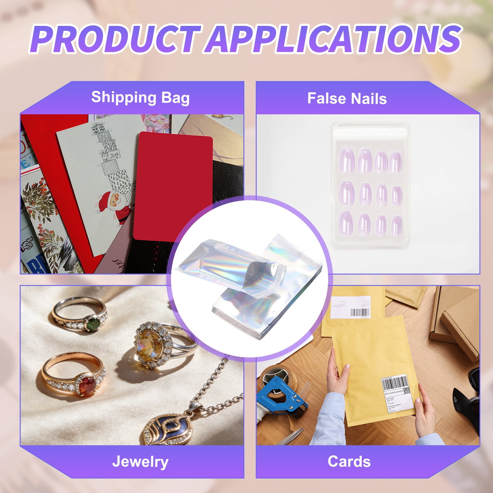 Uxcell Holographic Bags (7" x 4", Silver) (100Pcs) Holographic Metallic Poly Mailers Self Sealing Flat Foil Envelope Mailing Packaging Bags, Suit for - Jewelry/Sample/Shipping/Package