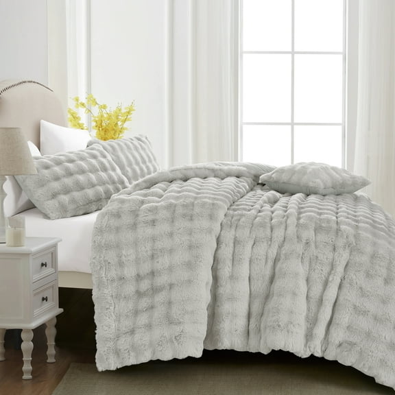 HIG 4-Piece Grey Faux Fur Comforter Set – Soft Cozy Bubble Texture, All-Season Bedding, Includes Comforter, 2 Shams & 1 Decorative Pillow, Queen