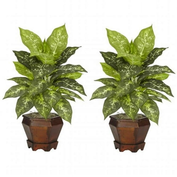 Nearly Natural 20.5" Dieffenbachia with Wood Vase Artificial Plant, Set of 2, Variegated