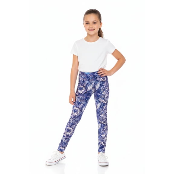 Creamy Soft Girls Kids Size Leggings, High Rise, Stretchy - by USA Fashion Indigo Blue Paisley Small