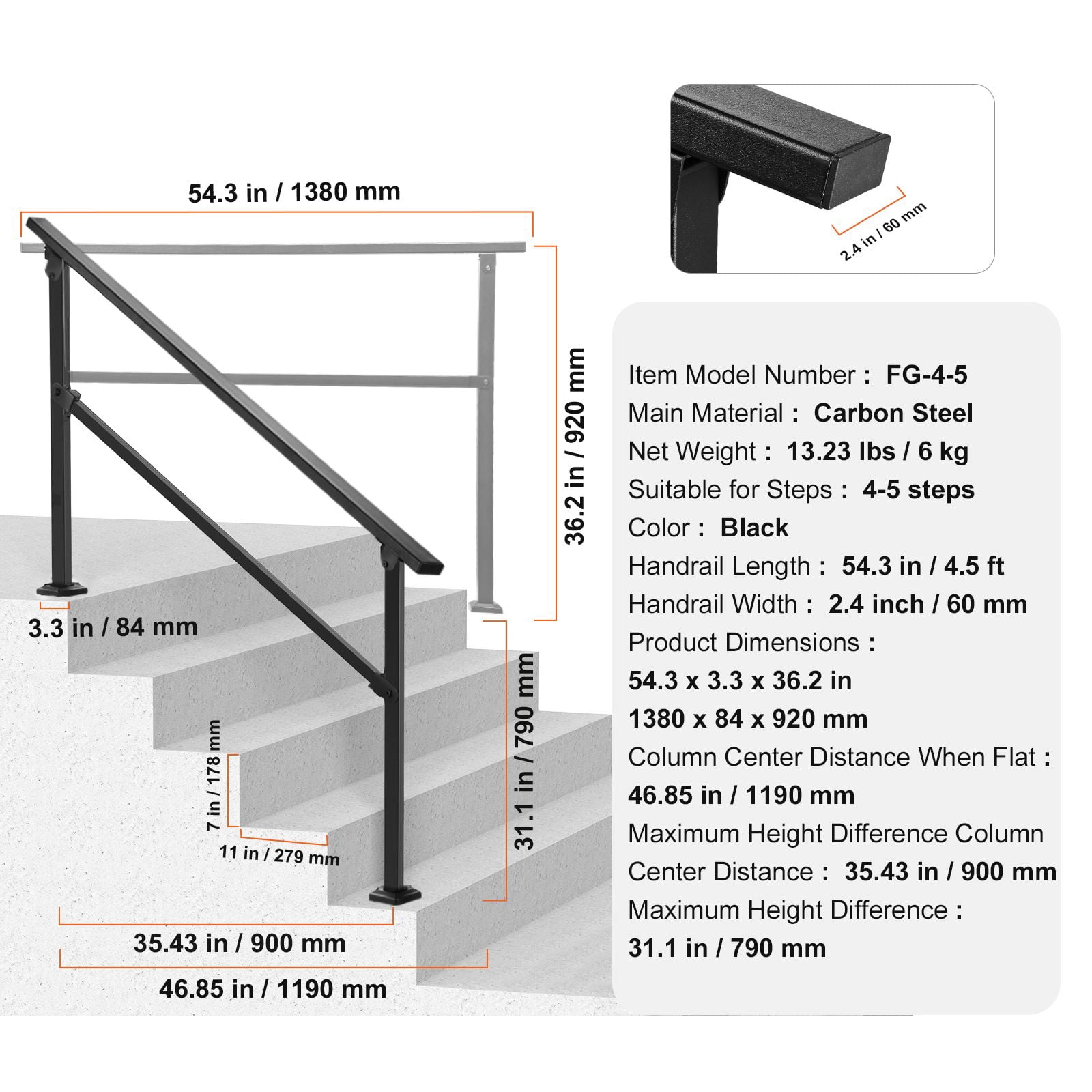 Outdoor Handrails for Steps, 4-5 Step Stair Rail Kit, Black Square Tube with Horizontal Bar, Carbon Steel Support Rails for Seniors, Concrete & Deck Stairs
