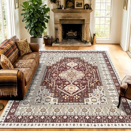 ARJINCUTE Vintage Distressed Bohemian Brown Large Area Rug 8 x 10 Non-Slip Washable Low Pile Floor Mat for Living Room Family Room Large Bedroom