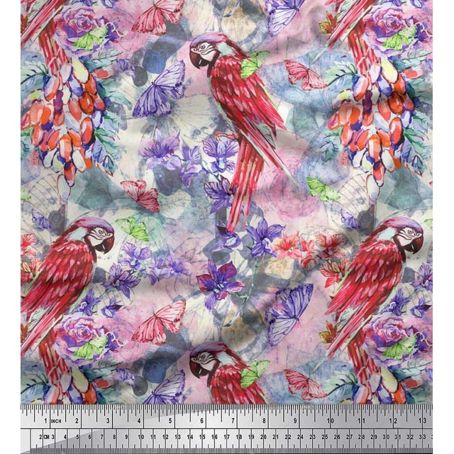 Soimoi Pink Moss Georgette Fabric Floral,Insect & Parrot Bird Print Fabric by Yard 42 Inch Wide