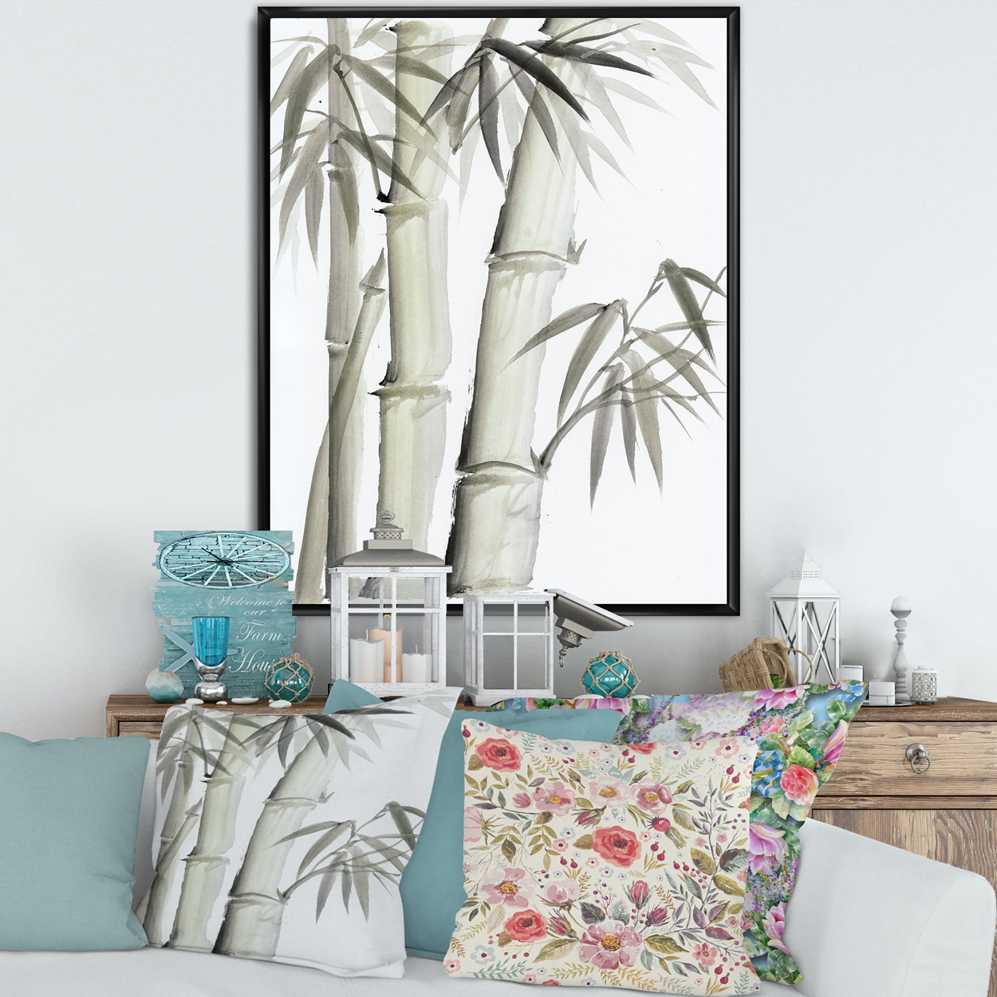 Designart 'Vintage Black and White Bamboo V' Lake House Framed Canvas Wall Art Print