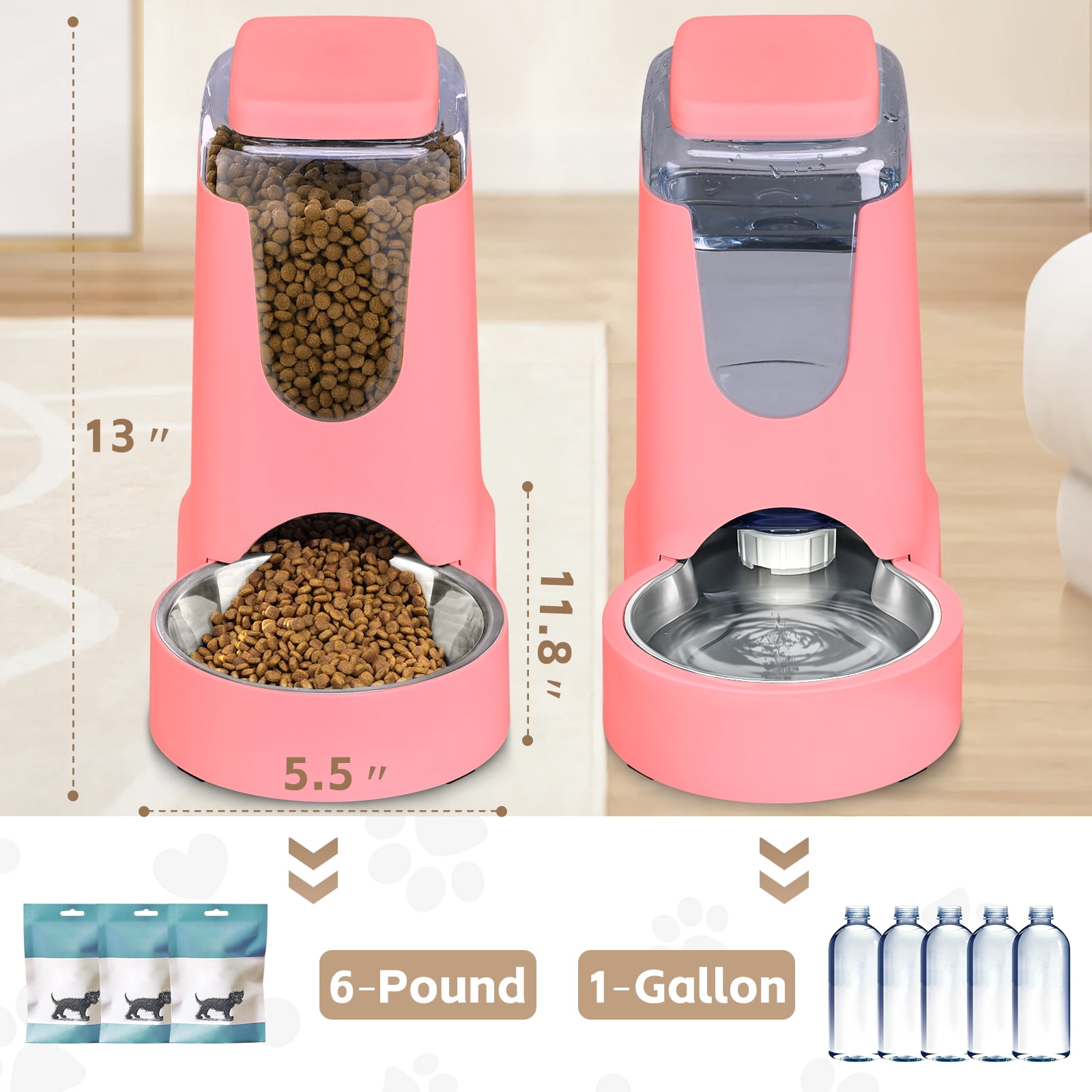 2 Pack Cat Automatic Feeder and Water Dispenser with Stainless Steel Bowl Pet Dog Gravity Food Feeder and Waterer for Small Medium Pets Puppy Kitten
