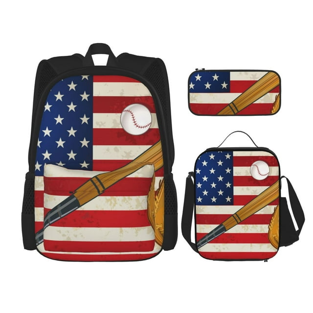 Disketp American Flag And Baseball Print Large Capacity Backpack Lunch Bag Pencil Case Combination 3 Piece Set for Student