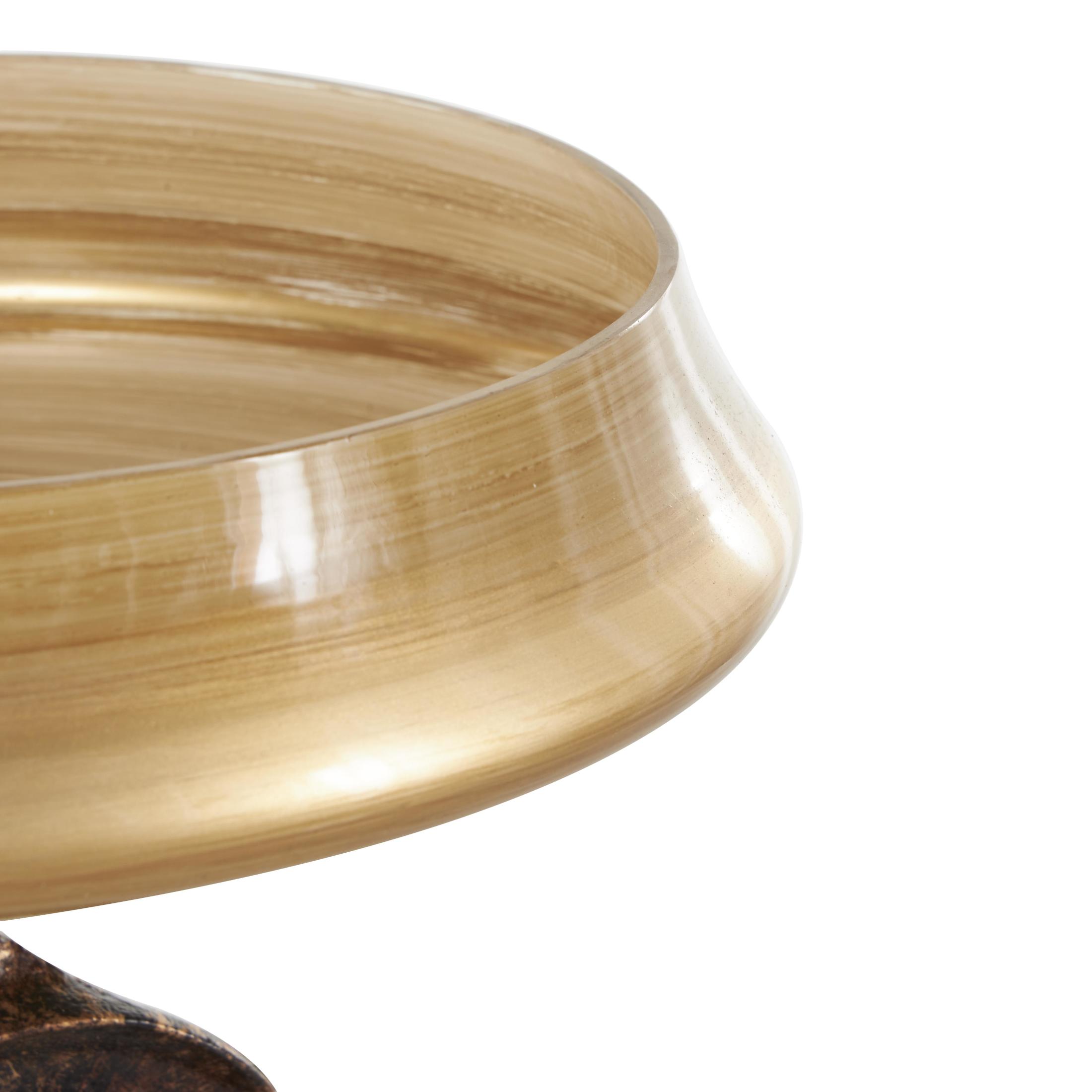 DecMode 12" Round Wide Brushed Brown Glass Decorative Bowl with Textured Bronze and Black Ring Base